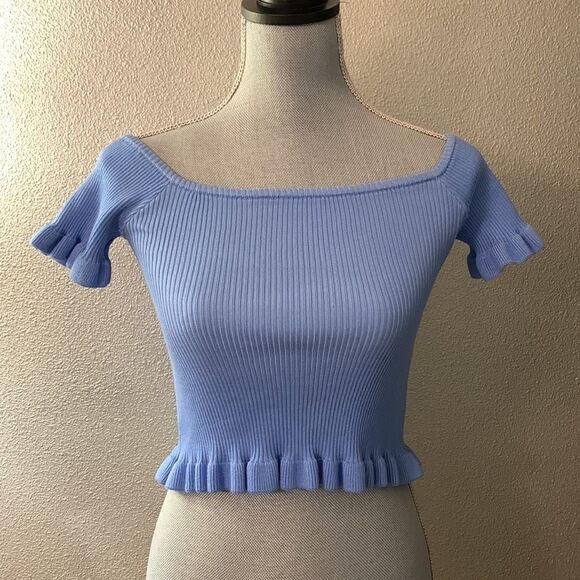 LULUS ribbed knit off the shoulder cropped top ruffled hemline periwinkle blue - Picture 8 of 8